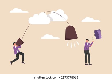 Businessman with tin can phone give information to customer. Business Communication concept. Colored flat graphic vector illustration isolated. 