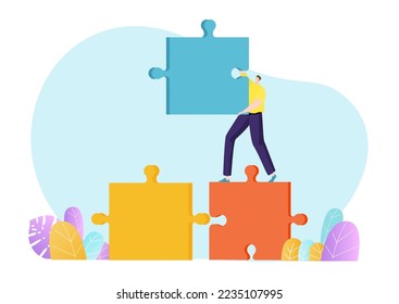 Businessman tiny character hold business puzzle self made, company industry assistant flat vector illustration, isolated on white.