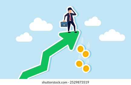 Um homem de negócios na ponta de uma seta encontra vários bitcoins que caíram, ilustrando o efeito da queda de avaliação após uma alta de todos os tempos