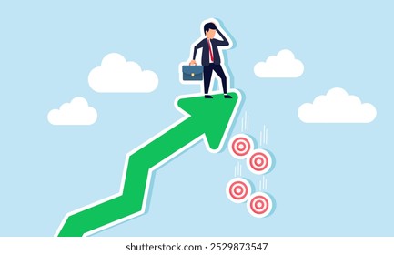 A businessman at the tip of an arrow finds several target boards that have fallen, illustrating negligence in achieving business work targets