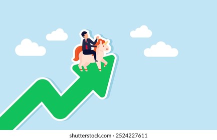 A businessman at the tip of a green chart riding a unicorn, illustrating the valuation of a unicorn startup in a positive trend.