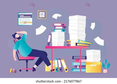 Businessman tired of amount of paperwork. Huge number of documents and folders on desktop. Employee overworked due to heavy workload in office. Concept of deadline and business. Vector illustration