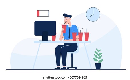Businessman tired and burnout with work hardness long time in over time. Tired male office worker sitting on the chair and request help. Vector illutration flat style