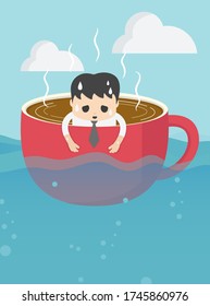 businessman tired in cup of coffee in vast sea with a tired expression showing his overwork
