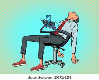 The businessman is tired and fell asleep, the robot chair continues to work for him and respond to messages in the smartphone. Pop Art Retro Vector Illustration Kitsch Vintage 50s 60s Style
