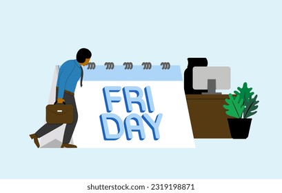 Businessman tired going to work with calendar showing Friday.