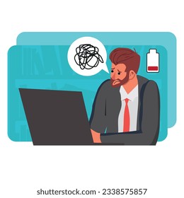 businessman tired and with negative thoughts, Man feels depressed and exhausted. burnout, The concept of mental health preservation. vector illustration.