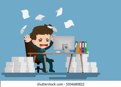 Businessman tired and stress at the desk by a lot of work. Flat vector illustration design of employee character with stack of paper working very hard with the personal computer.