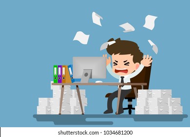 Businessman tired and stress at the desk by a lot of work. Flat vector illustration design of employee character with stack of paper working very hard with the personal computer.