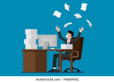 Businessman tired and stress at the desk by a lot of work. Flat vector illustration design of employee character with stack of paper working very hard with the personal computer.