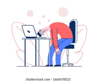 Businessman Tired At The Table. Cartoon Vector Illustration.