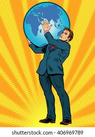 Businessman Titan Atlas holds the Earth