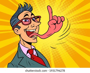 businessman tongue mouth gesture attention finger. Comic book cartoon pop art hand drawing illustration
