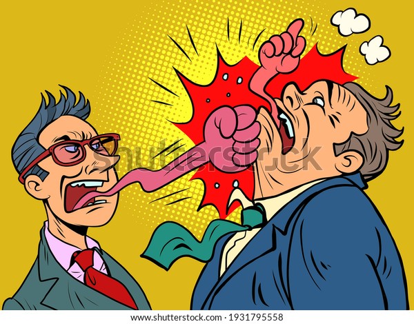 businessman tongue mouth gesture\
fist bump. Comic book cartoon pop art hand drawing\
illustration