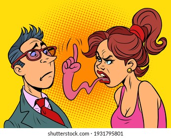 businessman tongue mouth gesture wife and husband scandal. Comic book cartoon pop art hand drawing illustration