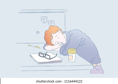 Businessman took a nap during work in the office in hand drawn outline style, pastel color