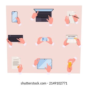 Businessman top view. Team working with smart tablets and business papers audition analytics information garish vector hands pictures