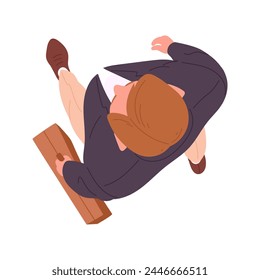 Businessman top view. Walking male office character, busy man view from above, office worker with briefcase flat vector illustration. Men walking top view