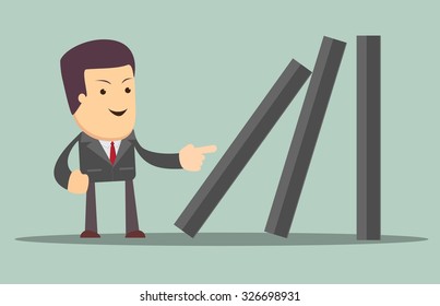 Businessman toppling dominoes. Domino effect.  Stock Vector illustration.