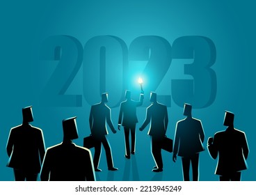 Businessman with torch leading other businessmen behind him into the year 2023 which looks sketchy, uncertain in business, vector illustration