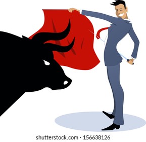 Businessman Torero Fighting A Bull. Young Businessman Posing As A Bullfighter With A Red Cape And A Sword, Silhouette Of A Bull Head On The Front