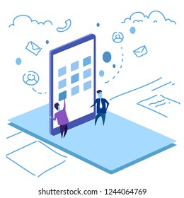 businessman touch mobile screen interface smartphone application concept business man hard working process online communication sketch doodle