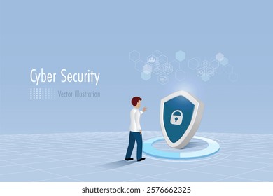 Businessman touch padlock security shield for identify and access to business and financial data networking.  Online digital technology, business security protection from cyber attack.