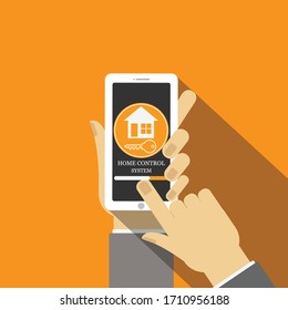 businessman touch respond at home and keys mark icon on mobile. - home control system concept. - vector illustration.