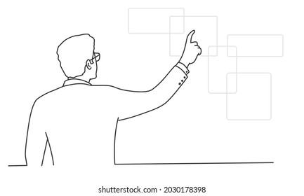 Businessman is touching with spatial data, global business. Hand drawn vector illustration. Black and white.