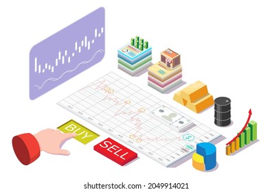 Businessman trader buying shares online, investing in stock market, flat vector isometric illustration. Candlestick chart, gold ingot, oil barrel. Stock trading concept.