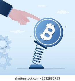 Businessman trader hand push metal spring with unstable bitcoin. Cryptocurrency volatility, investment and speculation risk, price fluctuation, uncertainty, crypto value swing up and down. flat vector