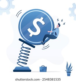 Businessman trader holding metal spring with unstable dollar sign. Currency volatility, investment and speculation risk, price fluctuation, uncertainty, forex or stock market value swing up and down.