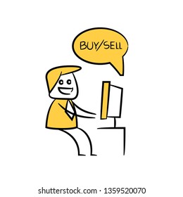 businessman trader monitoring on desktop yellow doodle design