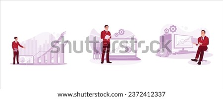 Businessman or trader showing growing virtual hologram stock. Businessman with laptop tracking trade growth. Trader sitting with trading charts. stock  trading concept. 