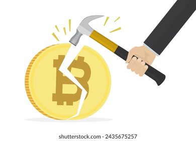 Businessman or trader smashes bitcoin using hammer. Refusal to invest in cryptocurrency. Hand uses hammer. The fall in rate of crypto. Losses, falling stock exchange rates. Flat vector illustration