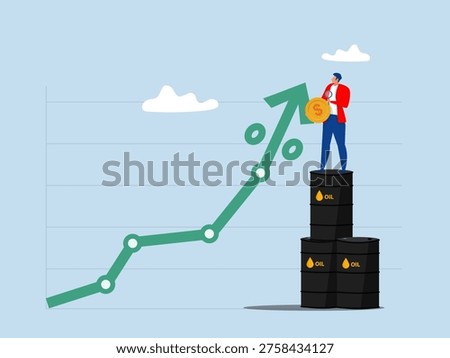 Businessman trader standing on stack of oil gallon drawing rising up graph.Oil price rising up, crude oil commodity price growth after crisis  vector illustrator