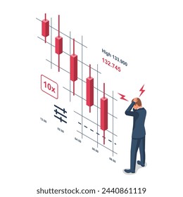 El hombre de negocios comercializa criptomonedas. Liquidación de la operación. Mercado en caída. El corredor comercial está horrorizado por la caída del mercado. Bolsa ambulante. Diseño isométrico de ilustración vectorial. 