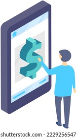 Businessman trades dollars on currency exchange. Analysing trading performance on financial platform in mobile phone. Man studies information and business data, works with currencies statistics