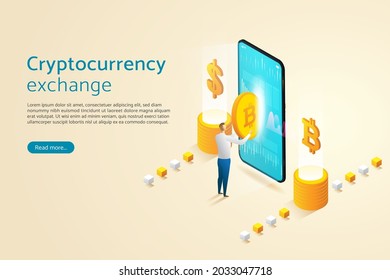 Empresario que comercializa Bitcoin a través de smartphone con inversión Online Cryptocurrency Blockchain para aplicaciones y sitios web móviles. ilustración vectorial isométrica.