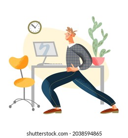 Formación de hombres de negocios, haciendo ejercicio de yoga en la ilustración de vectores de oficina. Caricatura de joven feliz personaje estirando el cuerpo en yoga asana para evitar el dolor de espalda al trabajar sentado aislado en blanco