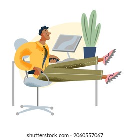 Formación de hombres de negocios, haciendo ejercicio de yoga en la ilustración de vectores de oficina. Caricatura de joven feliz personaje estirando el cuerpo en yoga asana para evitar el dolor de espalda al trabajar sentado aislado en blanco