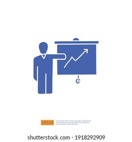 Businessman, Training Or Teacher Presentation Icon With Board Concept. Growing Business Arrow Up Graph Sign Symbol Vector Illustration