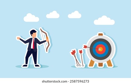 Businessman trains relentlessly in archery aiming at a target board, illustration of passion in developing business skills and instincts