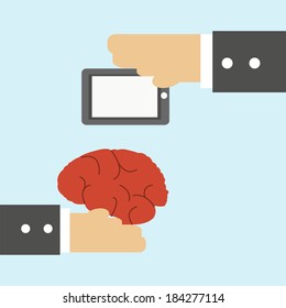 Businessman transferred human brain with tablet, business conceptual