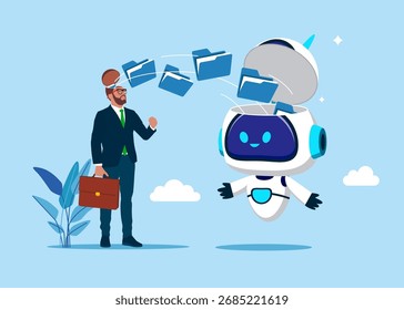 Geschäftsmann, der Daten und Wissen in Roboter überträgt. Ordner, Dateien und Dokumente, die in den Kopf des Roboters hochgeladen werden. Künstliche Intelligenz. Flache Vektorgrafik