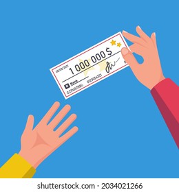 Businessman Transfers A Check. Businessman Hand Giving Bank Check. Vector Illustration Flat Design. Template Payment Bank Checks.