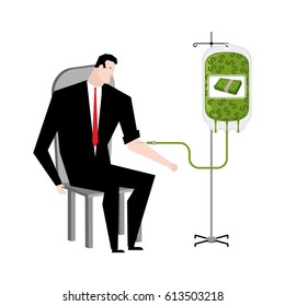 Businessman Transfusion Of Money. Donation Of Cash Bag. Transfusion Of Finance. Business Illustration
