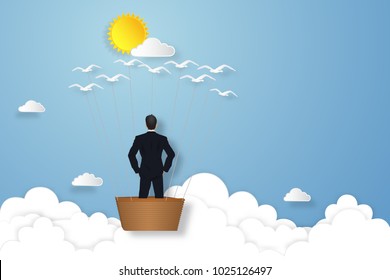 Businessman transport by birds on the blue sky and clouds background as business, target, gold, paper art and craft style concept. vector illustration.