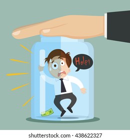 Businessman trap inside bottle with huge hand, vector illustration cartoon