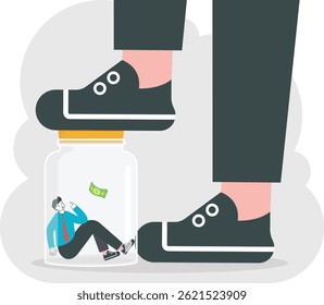 Businessman trap inside bottle with under a big shoe, vector illustration cartoon